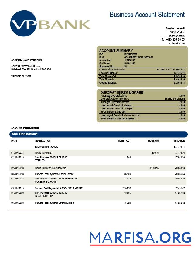 Downloadable VP Bank firm account statement Word and PDF template